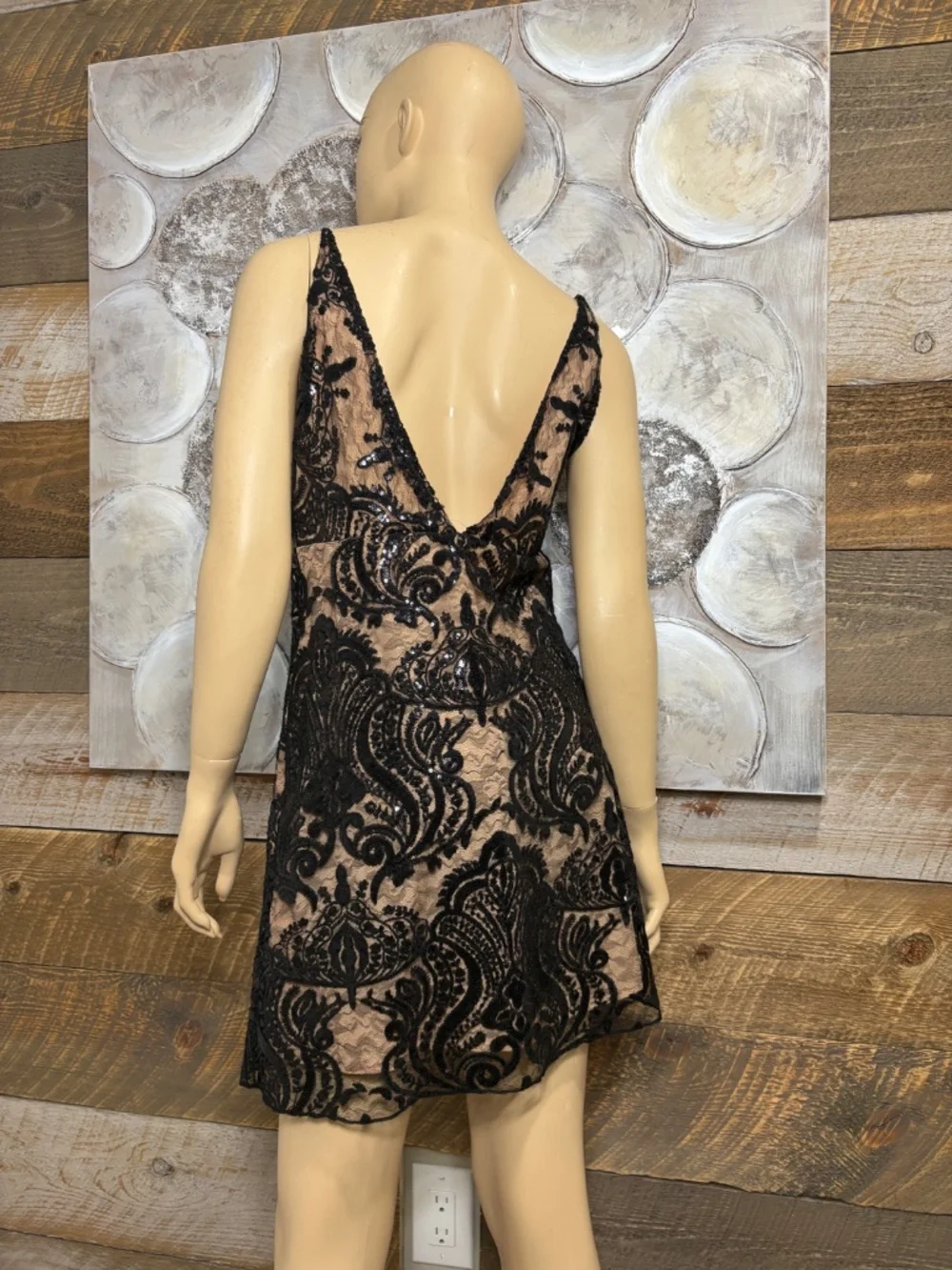 Free People Black Sheer Lace Sequin Dress | Nude Lined | Size L | Open Back - Picture 5 of 5